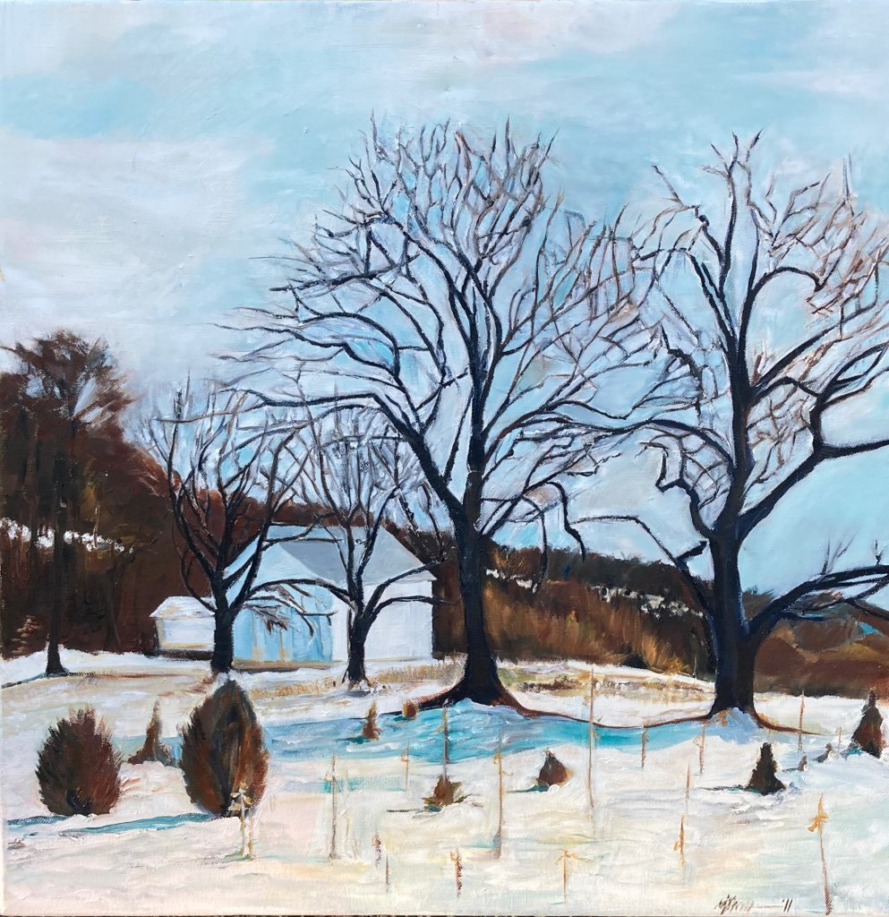 oil painting with two large trees, barn, and snow